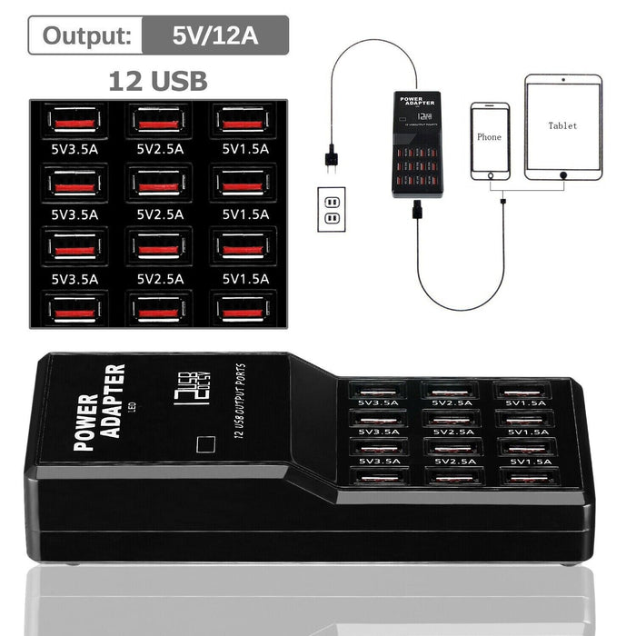 Multi 12 Port USB Charging Station Hub Desktop Wall Cell Phone Charger