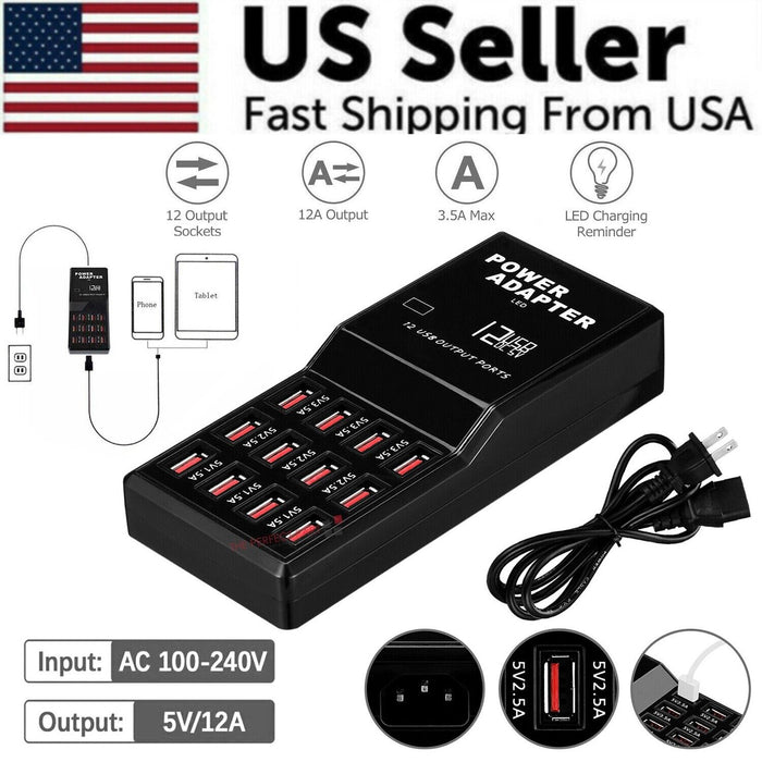 Multi 12 Port USB Charging Station Hub Desktop Wall Cell Phone Charger