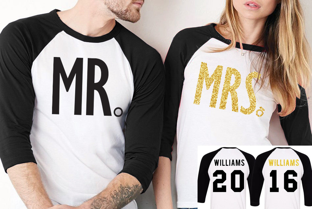 MR + MRS GOLD Baseball Tees CUSTOM NAMES + NUMBERS - Pick Color